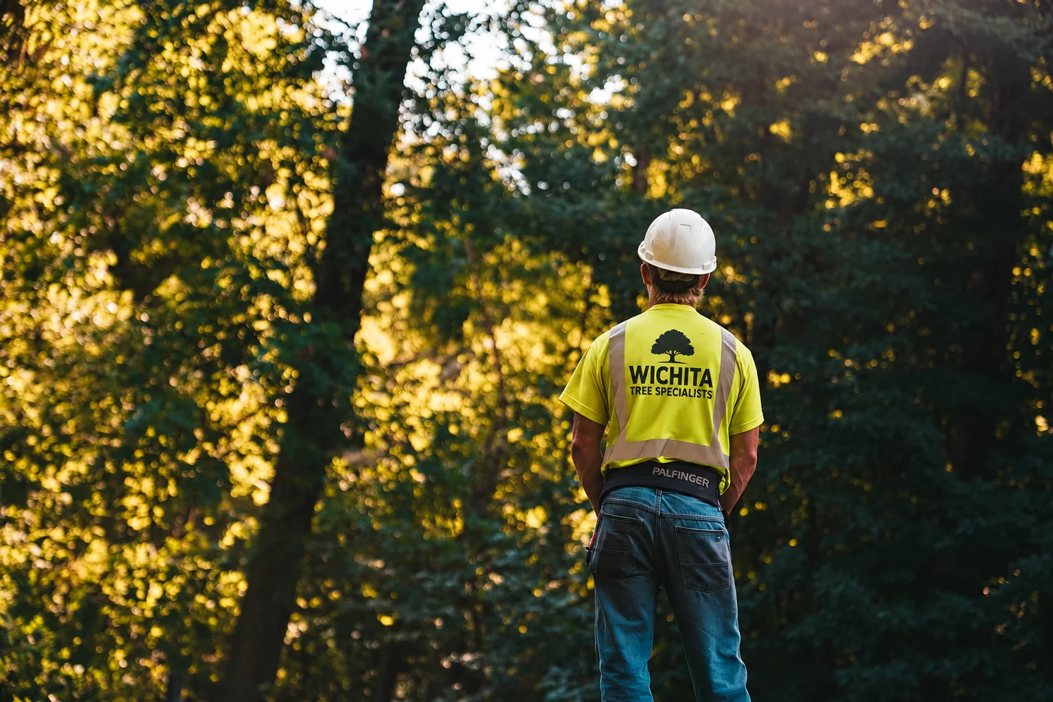 Worker in a hard hat and hi-vis shirt looking out at tall sunlit trees, tree service in Wichita